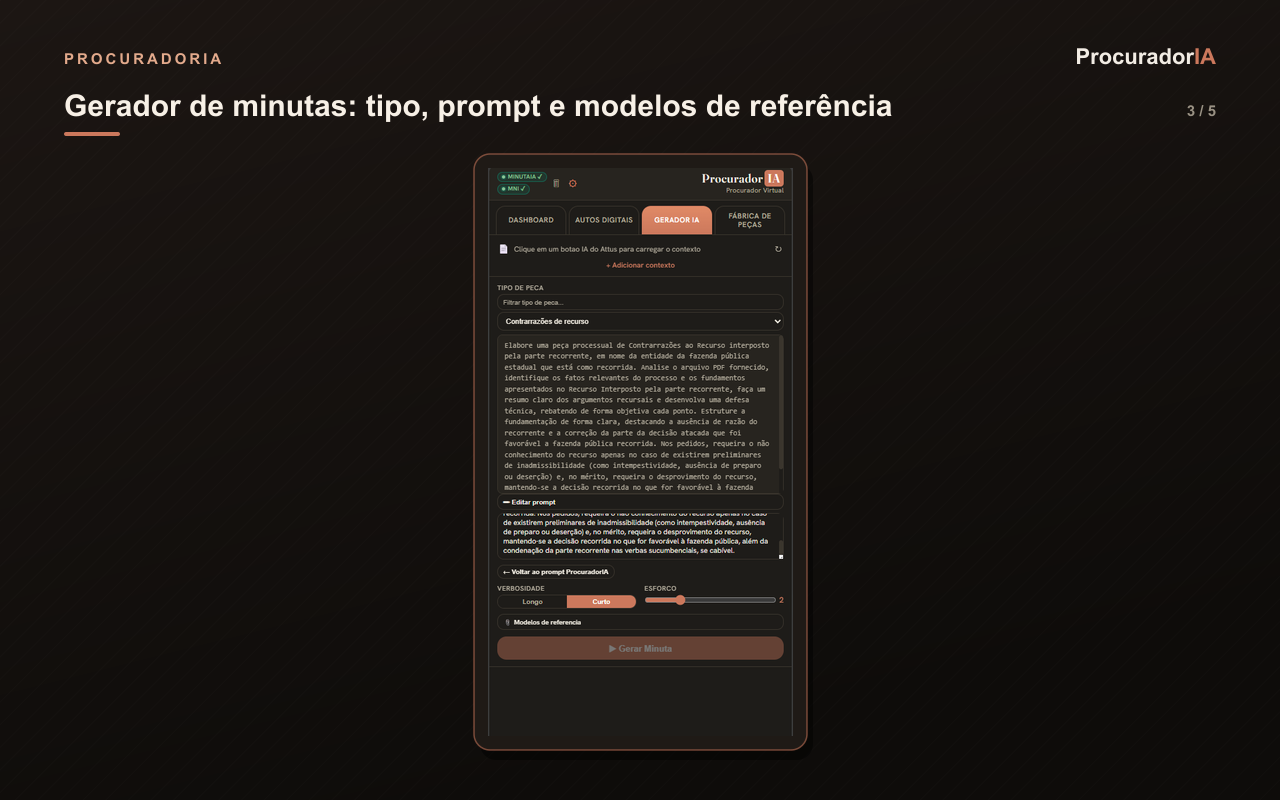 Gerador de minutas: tipo, prompt e modelos de referência
